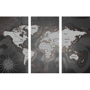Kit 3 quadros panorâmicos - Mapa Mundi cinza