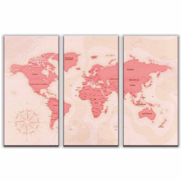 Kit 3 quadros panorâmicos - Mapa Mundi rosa