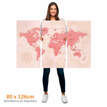 Kit 3 quadros panorâmicos - Mapa Mundi rosa