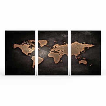 Kit 3 quadros retangulares - Mapa mundi black