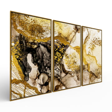 Kit 3 quadros panorâmicos - Marmorizado dourado e terroso