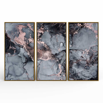 Kit 3 quadros panorâmicos - Marmorizado preto e rosê