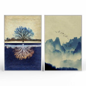 Kit 2 quadros retangulares - Duo Montanhas e Reflexo da árvore azul