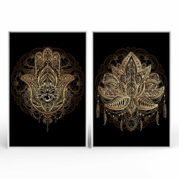 Kit 2 quadros retangulares - Mandala Mão de Hamsa e Flor de Lótus