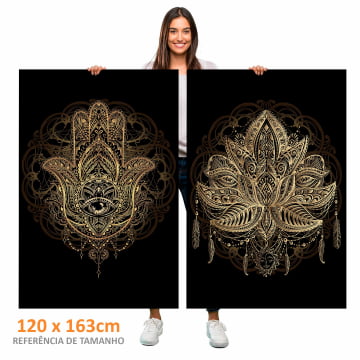 Kit 2 quadros retangulares - Mandala Mão de Hamsa e Flor de Lótus