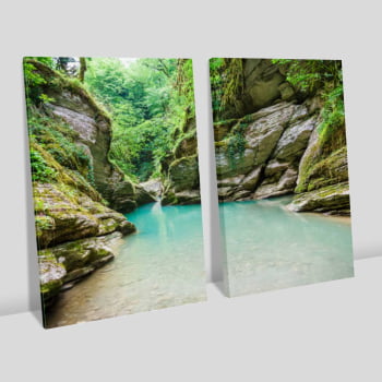 Kit 2 quadros retangulares - Rio Azul,  Pedras e Floresta
