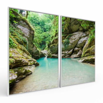 Kit 2 quadros retangulares - Rio Azul,  Pedras e Floresta