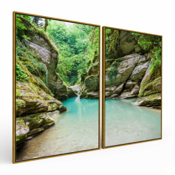 Kit 2 quadros retangulares - Rio Azul,  Pedras e Floresta