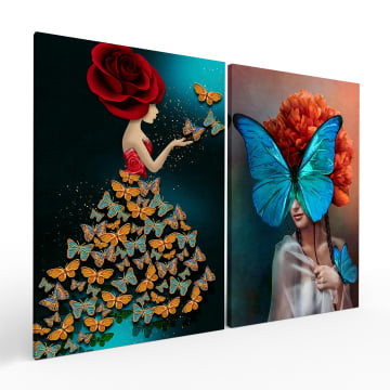 Kit 2 quadros retangulares - Duo garotas e  borboletas