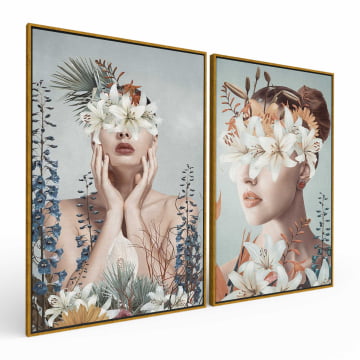 Kit 2 quadros retangulares - Duo mulheres floridas