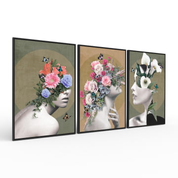 Kit 3 quadros retangulares - Mulheres Florais