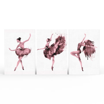 Kit 3 quadros retangulares - Trio de bailarinas magenta