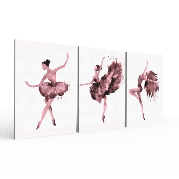Kit 3 quadros retangulares - Trio de bailarinas magenta