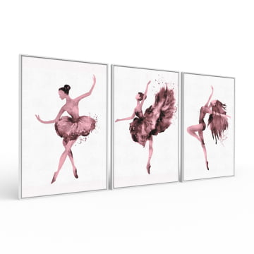Kit 3 quadros retangulares - Trio de bailarinas magenta