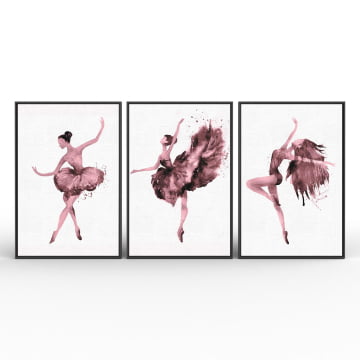 Kit 3 quadros retangulares - Trio de bailarinas magenta