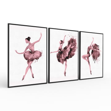 Kit 3 quadros retangulares - Trio de bailarinas magenta