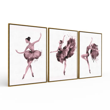 Kit 3 quadros retangulares - Trio de bailarinas magenta