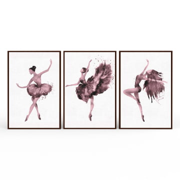 Kit 3 quadros retangulares - Trio de bailarinas magenta