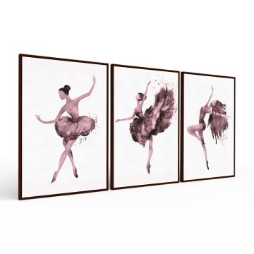 Kit 3 quadros retangulares - Trio de bailarinas magenta
