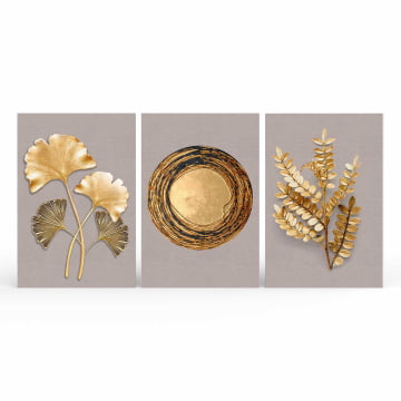 Kit 3 Quadros Retangulares - Flores e formas douradas