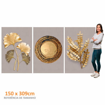 Kit 3 Quadros Retangulares - Flores e formas douradas